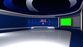 TV studio. Australia. Australian flag. News studio. Loop animation. Background for any green screen or chroma key video production. 3d render. 3d