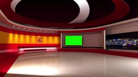 TV studio. Switzerland. Swiss flag. News studio. Loop animation. Background for any green screen or chroma key video production. 3d render. 3d