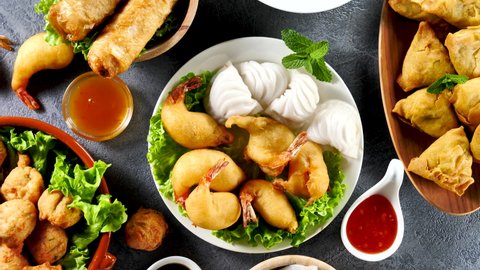 asian food- spring roll, fried shrimp, noodles