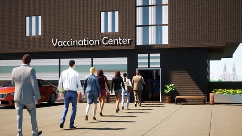 An animation of a diverse group of people walking en-masse into a vaccination center to get vaccinated.