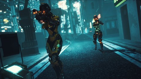 Police robots are slowly approaching the cyber girl standing next to her futuristic motorcycle. Animation for fiction, cyber and science fiction backgrounds. View of an future fiction city. Stock-video