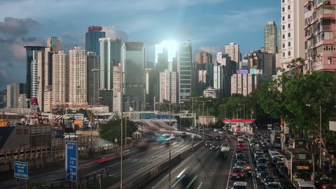 Hong Kong, China - June 16: Timelapse view of rush hour traffic at Causeway Bay in Hong Kong, China. Hong Kong is a major financial hub in Asia and one of the world's most modern cities.