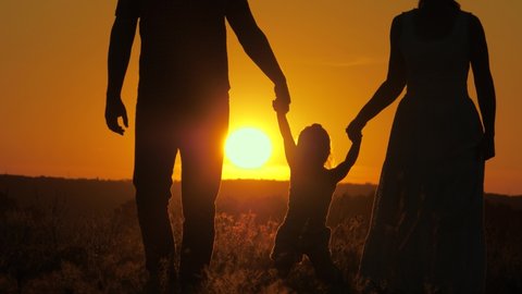 The child is jumping, holding the hands of dad and mom in park in the sun. Happy family. Little daughter plays with dad and mom on field at sunset. Walk with a small child in nature. Healthy childhood