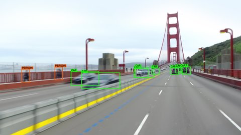 
Autonomous car driving through the Golden Gate Bridge in San Francisco. Computer vision with object detection system that creates boxes to recognize the different objects. Artificial intelligence.