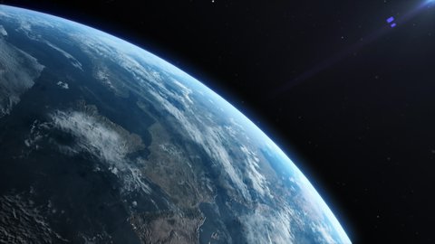 Close-up animation of Earth seen from space, the globe spinning on satellite view on dark background. Ultra realistic 3D animation.