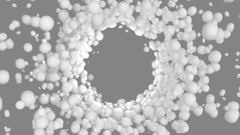 Particles attract to central empty hole and spin around. Vortex motion of spheres around blank space for logo. White ball rotate and bounce on a transparent background. 4k UHD alpha