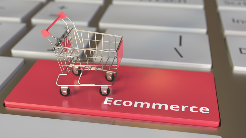 Ecommerce text on computer keyboard and boxes with DROPSHIPPING words in small shopping cart. Electronic business conceptual 3d animation Royalty-Free Stock Footage #1064180941
