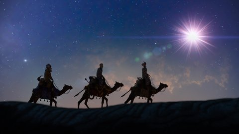 Christian Christmas scene with the three wise men and shining star, 3d render