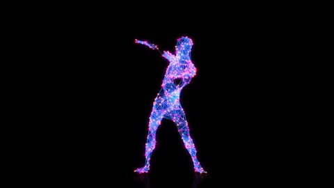One Expressive Dancing Person Performs a Modern Hip Hop Dance in Dark Studio in Stylish Multicolor Neon Glowing Body. Energy Choreography Moving. 80s Blue Pink Dancer Seamless Looping 3d Animation Dj
