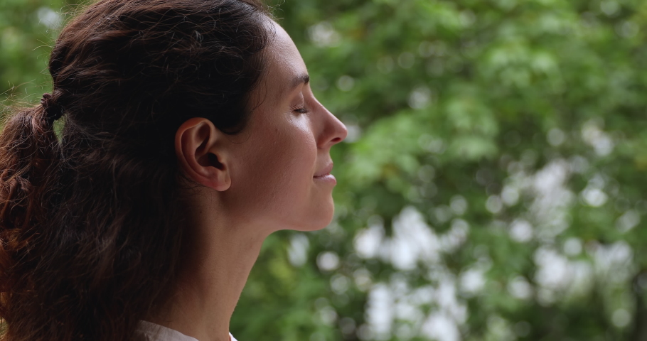 Close up head shot dreamy peaceful relaxed smiling young woman breathing fresh air, admiring nature park view, tranquil caucasian millennial lady practicing yoga exercised meditating alone outdoors. Royalty-Free Stock Footage #1064201662