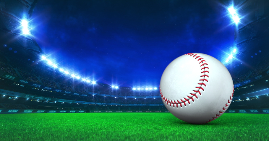 Modern Baseball Stadium with shining lights and ball motion on the grass field. Professional sport 4k video background edited as seamless loop.