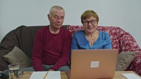 An elderly couple is talking on video while sitting at home. They wave their hand in greeting.