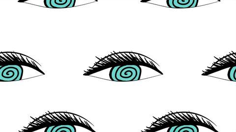 2d Cartoon pattern with 4K resolution. Pre-rendered with green background (screen) and luma key (white and black). Hand Drawn animation of open eye and mind inside. Social networks addiction