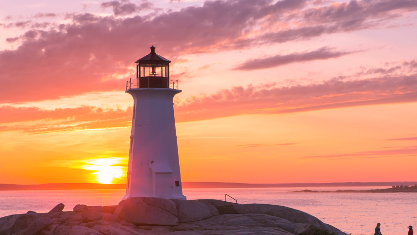 Peggy's Cove Lighthouse at dusk Atlantic Coast Halifax Nova Scotia Canada. A Timelapse of the light house and dramatic clouds. Royalty-Free Stock Footage #1064215468