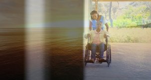 Digital composite video of sea during sunset against medical professional wheeling a senior patient on wheelchair in corridor of hospital. digital composite video concept