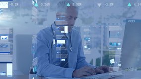 Financial data processing against male caucasian doctor using computer. global finances and medical technology concept - Powered by Shutterstock - Get 15% off with code: PIKWIZARD15