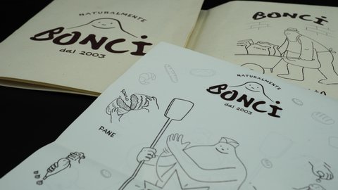 Rome, November 09, 2020: Logo and flyers of the BONCI pizzeria and bakery. By Gabriele Bonci master of baking and leavening also known for his condiments and never banal combinations