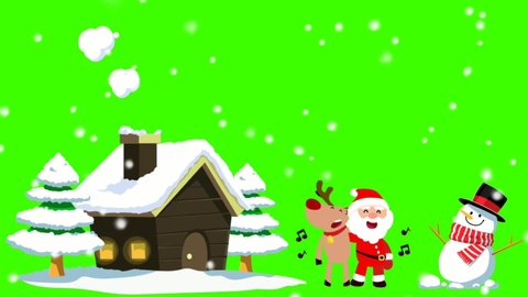 Beautiful winter in the middle of a little hut. Merry Christmas. santa claus, reindeer and snowman singing. With green screen background