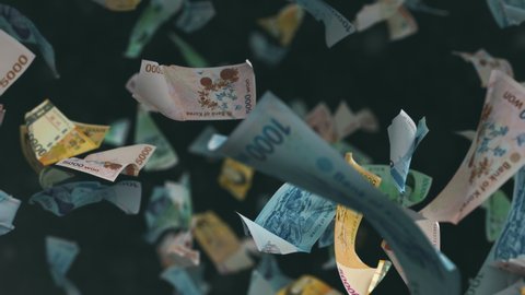 Falling South Korean Won banknotes 4K Loop