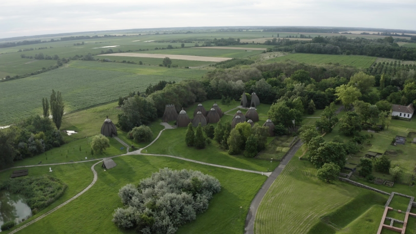 Aerial view of the Nemzeti Történeti Emlékpark, National Heritage Park in Ópusztaszer, Hungary