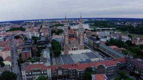 Aerial view of Szeged downtown and the cathedral, szegedi dóm in sunset