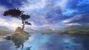A pre-dawn mountain lake with an island and a tree. 3d render