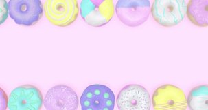 Minimal motion design. 3d vanilla donuts on pink abstract background. Fast food concept art. 4k video