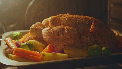 Timelapse of grilling a whole chicken in the oven in 4K. Concept of a whole organic chicken being cooked along with vegetables into an oven.