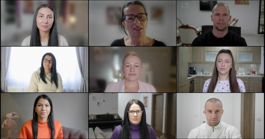 Group Using Video Conferencing technology in office for video call with colleagues abroad. People look at web cameras listen webinar lecture participate group conference call with female leader. | Shutterstock HD Video #1064253226