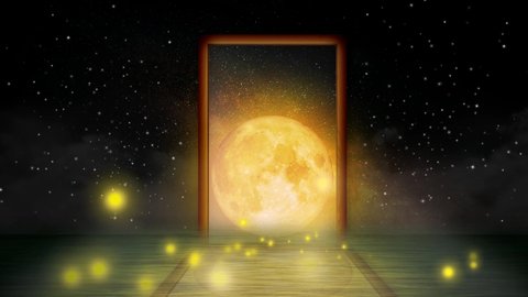 fantasy scenery of the moon in the wood frame, digital art style, loop animation background.