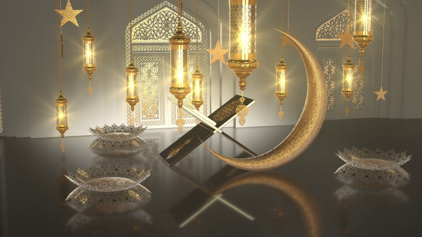 Ramadan Kareem Opener. The holy month of the Muslims is Ramadan. Gold colored moon, star, lantern symbolizing the month of Ramadan. Royalty-Free Stock Footage #1064259040