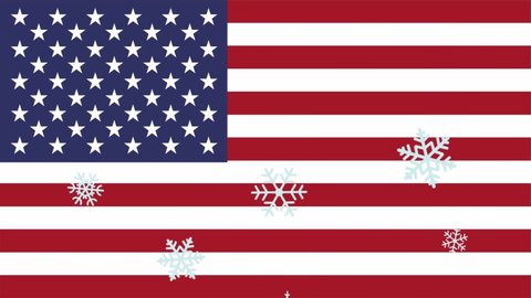 Snowflakes are falling on US flag animated video for Christmas or New Year holidays
