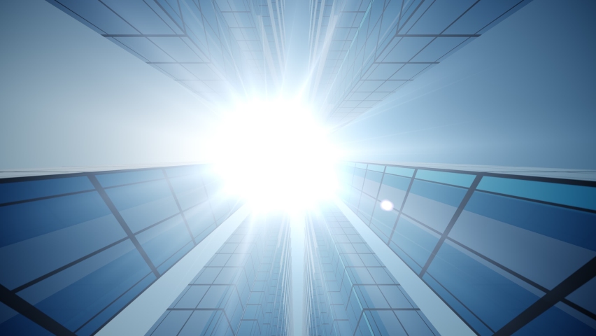 Driving through abstract urban city center of modern district with skyscrapers under bright sun and blue sky. Bottom up view. Economy, finances, business activity concept. Royalty-Free Stock Footage #1064265298