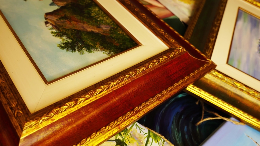 Nice aquarelle landscape in beautiful red wooden frame