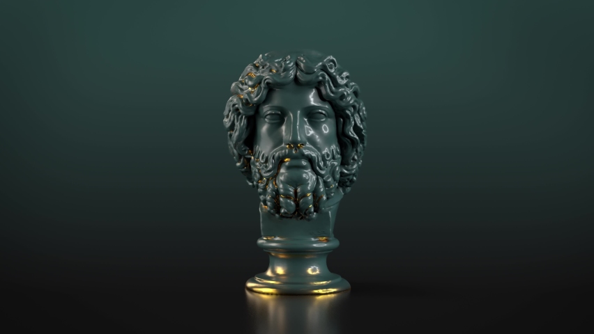 3D Zeus Rotation Seamless Looped. Greek God Marble Statue With Gold Details. 4k