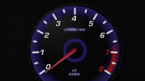 Car tachometer engine revving needle indicates redline speed vibration with subtle flares in 4K