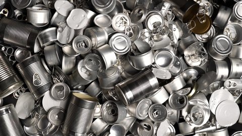 Recycle empty cans and tin for food and drink. Aluminum soda cans and food jars. Sorted metal trash and garbage ready for recycling. Steel rubbish. Zero waste and no pollution.