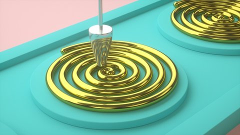 Machine creating golden spiral on conveyor. Funny abstract motion graphics in trendy colors. Looping animation, 3D render.