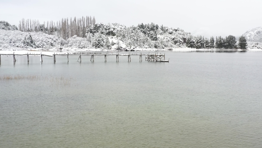Drone aerial view of seagulls perching on old dock, Moreno Lake. Bariloche, Patagonia Argentina
