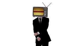 A dancing man with television stuck on head with glitch and distortion on the screen against white background