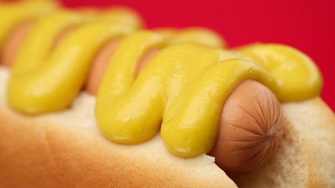 hot dog extreme macro on red background. Classic hot dog with mustard