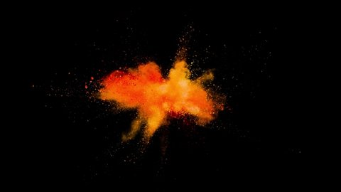 orange - red impact animation powder explosion on black background. Slow motion movement with acceleration in the beginning

