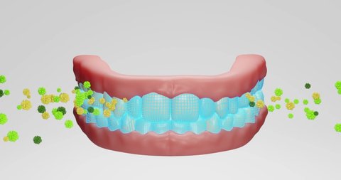 3d animation stylized teeth, jaw, mouth brushing teeth, getting rid of yellow plaque, harmful bacteria, tartar, caries development. the brush moves from the extreme molars to the anterior incisors.