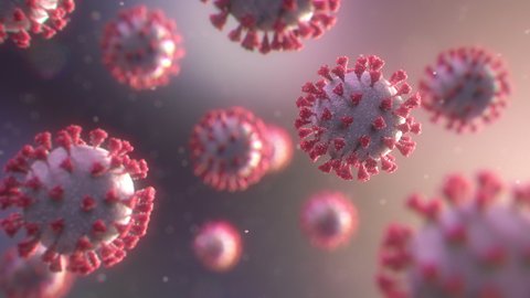 Realistic coronavirus medical background. Camera moves backwards through corona viruses under microscope. SARS-CoV-2 COVID-19 pandemic outbreak concept. Realistic high quality medical 3d animation.
