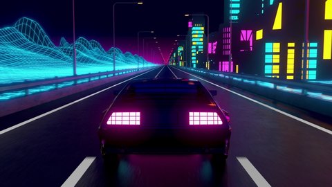 80s retrowave background 3d animation. Futuristic car wheel close up. Neon car loop 4k video