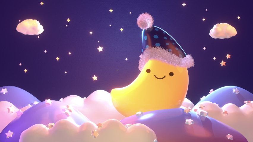 Looped cartoon smiling and sleepy moon wearing a nightcap with fluffy pom pom on the clouds at night animation. Royalty-Free Stock Footage #1064305354