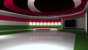 TV studio. Hungary. Hungary flag. News studio. Loop animation. Background for any green screen or chroma key video production. 3d render. 3d