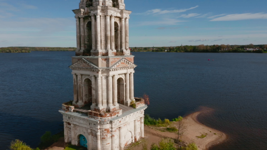 Drone view of the bell tower of a flooded church in Kalyazin city