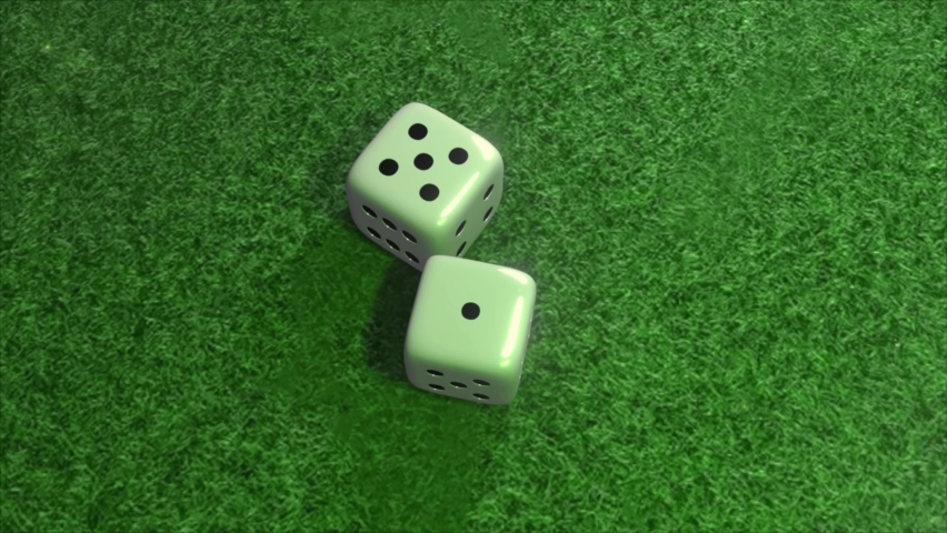 Casino Scene. Two White Dice Falling And Bouncing On A Green Table Felt. Smooth Camera Follow In. Blurred Intro, Lens Flare, Glows and Cinematic Color Gradients. Entertainment, Betting Online Concept - Powered by Shutterstock - Get 15% off with code: PIKWIZARD15