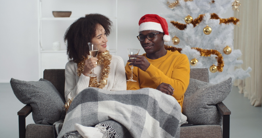 Happy afro american couple clink champagne glasses toast and celebrate together New 2021 Year at home in living room sitting against glowing Christmas tree, holiday party. Congratulations concept Royalty-Free Stock Footage #1064311150